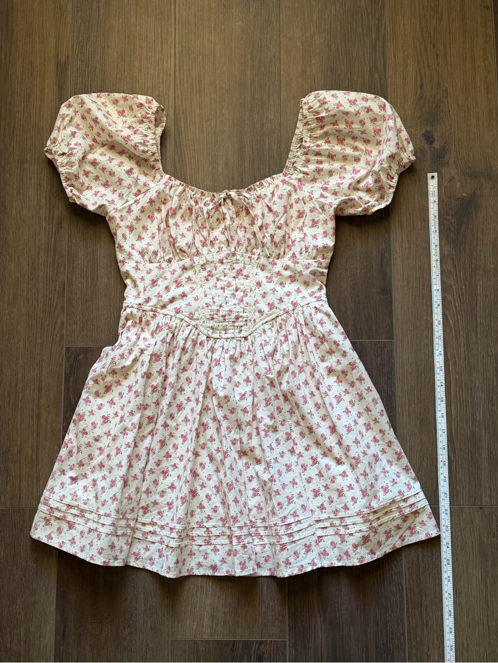 Puff-Sleeve Mini Dress in Pink Floral on Cream